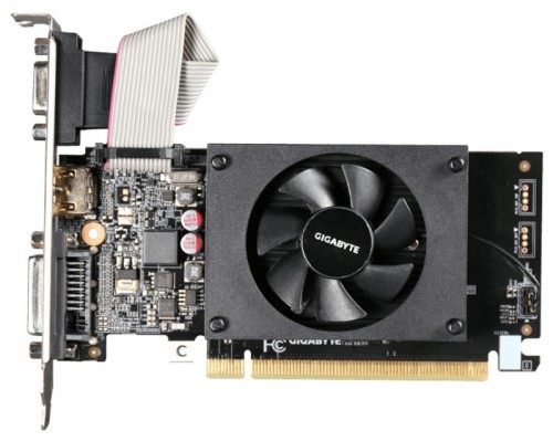 Видеокарта Giga-byte NVIDIA GeForce GT 710 1Gb 954 МГц PCI-E 2.0 RET GV-N710D3-1GL видеокарта NVIDIA GeForce GT 7102048 Мб видеопамяти GDDR3частота ядра/памяти: 954/1800 МГцразъемы DVI, HDMI, VGAподдержка DirectX 12, OpenGL 4.5