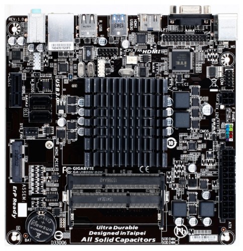 Мат.плата Giga-byte GA-J1800N-D2H with CPU mini-ITX RET форм-фактор mini-ITXчипсет Intel Celeron J1800, установлен процессор Intel Celeron J1800до 2 планок памяти DDR3L SO-DIMM1333 МГцвстроенный видеоадаптерслоты расширения: 1xPCI-E x1разъемов SATA 3Gb/s: 2на задней панели: 5xUSB, из них USB 3.0, D-Sub, HDMI, Ethernet, PS/2 (клавиатура), PS/2 (мышь)