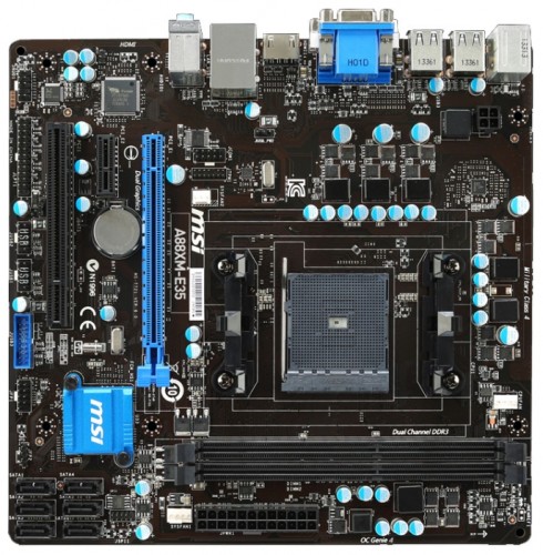 Мат.плата MSI A88XM-E35 sFM2 AMD A88X microATX RET материнская плата форм-фактора microATXсокет FM2+чипсет AMD A88X2 слота  DDR3 DIMM, 1333-2133 МГцразъемы SATA: 6 Гбит/с - 6