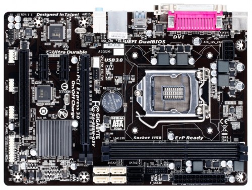 Мат.плата Giga-byte GA-B85M-D3V s1150 Intel B85 microATX RET материнская плата с сокетом LGA1150форм-фактор microATXчипсет Intel B85до 2 планок памяти DDR3 DIMM частотой 1333 - 1600 МГцслоты расширения: 1xPCI-E x16, 2xPCI-E x1, 1xPCIразъемов SATA 3Gb/s: 2, разъемов SATA 6Gb/s: 4на задней панели: 6xUSB, из них 2xUSB 3.0, LPT, D-Sub, DVI, Ethernet, PS/2 (клавиатура), PS/2 (мышь)