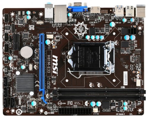 Мат.плата MSI H81M-E33 s1150 Intel H81 microATX RET материнская плата с сокетом LGA1150форм-фактор microATXчипсет Intel H81до 2 планок памяти DDR3 DIMM частотой 1066 - 1600 МГцслоты расширения: 1xPCI-E x16, 1xPCI-E x1разъемов SATA 3Gb/s: 2, разъемов SATA 6Gb/s: 2на задней панели: 6xUSB, из них 2xUSB 3.0, D-Sub, HDMI, Ethernet, PS/2 (клавиатура), PS/2 (мышь)