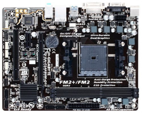 Мат.плата Giga-byte GA-F2A68HM-DS2 V1.1 sFM2 AMD A68H microATX RET материнская плата форм-фактора microATXсокет FM2+чипсет AMD A68H2 слота  DDR3 DIMM, 1333-2400 МГцразъемы SATA: 6 Гбит/с - 4
