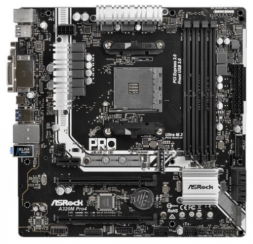 Мат.плата Asrock A320M PRO4 sAM4 AMD A320 microATX RET материнская плата форм-фактора microATXсокет AM4чипсет AMD A3204‚слота  DDR4 DIMM, 2133-3200 МГцразъемы SATA: 6‹Гбит/с - 4