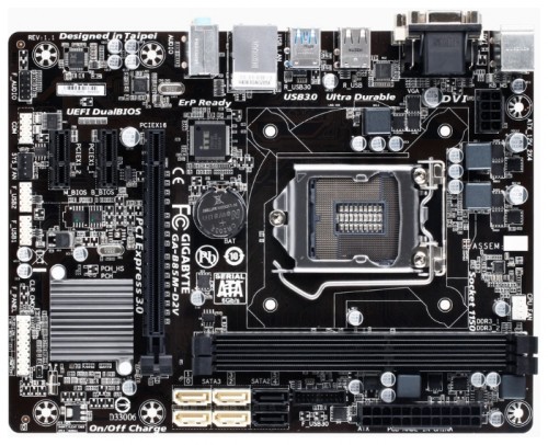 Мат.плата Giga-byte GA-B85M-D2V s1150 Intel B85 microATX RET материнская плата с сокетом LGA1150форм-фактор microATXчипсет Intel B85до 2 планок памяти DDR3 DIMM частотой 1333 - 1600 МГцслоты расширения: 1xPCI-E x16, 2xPCI-E x1разъемов SATA 3Gb/s: 2, разъемов SATA 6Gb/s: 4на задней панели: 6xUSB, из них 2xUSB 3.0, коаксиальный выход, D-Sub, DVI, Ethernet, PS/2 (клавиатура), PS/2 (мышь)