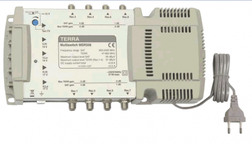Мультисвич 5*8 Terra MSR508 Мультисвич Terra MSR 508 предназначен для распределительных сетей 
сигналов 4-ех спутниковых поляризаций и наземного ТВ до 8 абонентов по 
схеме "звезда". Встроенный источник для дистанционного питания. 
Возможность питания предусилителей через вход наземного ТВ.
