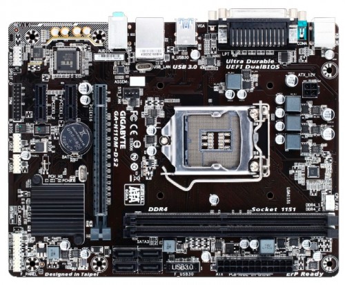Мат.плата Giga-byte GA-H110M-DS2 s1151 Intel H110 microATX RET материнская плата форм-фактора microATXсокет LGA1151чипсет Intel B1502 слота  DDR3/DDR3L DIMM, 1333-1866 МГцразъемы SATA: 6 Гбит/с - 6