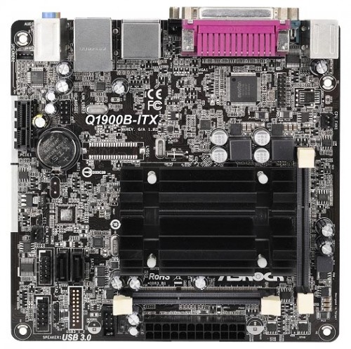 Мат.плата Asrock Q1900B-ITX with CPU Intel HD Graphics mini-ITX RET материнская плата форм-фактора mini-ITXчипсет Intel Celeron J1900установлен процессор Intel Celeron J19002 слота  DDR3 SO-DIMM, 1066-1333 МГцвстроенный видеоадаптерразъемы SATA: 3 Гбит/с - 2
