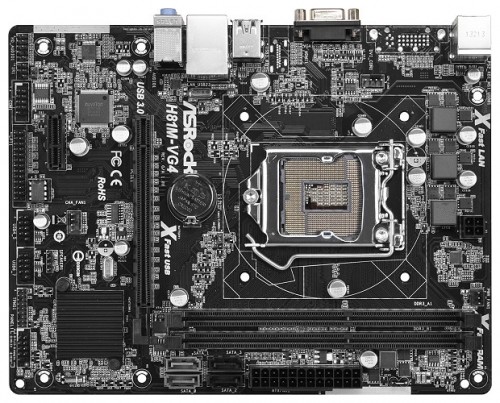 Мат.плата Asrock H81M-VG4 s1150 Intel H81 microATX RET материнская плата с сокетом LGA1150форм-фактор microATXчипсет Intel H81до 2 планок памяти DDR3 DIMM частотой 1066 - 1600 МГцслоты расширения: 1xPCI-E x16, 1xPCI-E x1разъемов SATA 3Gb/s: 2, разъемов SATA 6Gb/s: 2на задней панели: 6xUSB, из них 2xUSB 3.0, D-Sub, Ethernet, PS/2 (клавиатура), PS/2 (мышь)